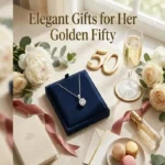 Luxury 50th birthday gifts for her including diamond jewelry, champagne, and elegant flowers on sophisticated display
