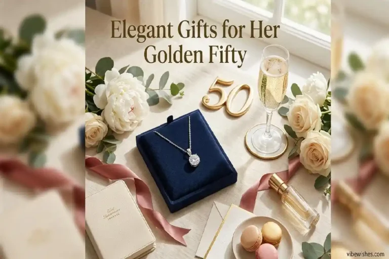 Luxury 50th birthday gifts for her including diamond jewelry, champagne, and elegant flowers on sophisticated display