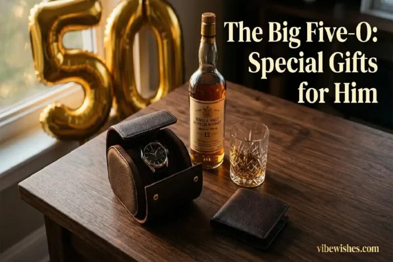 "Luxury 50th birthday gifts for him including premium watch, whisky, and leather accessories on elegant wooden table representing special milestone presents"
