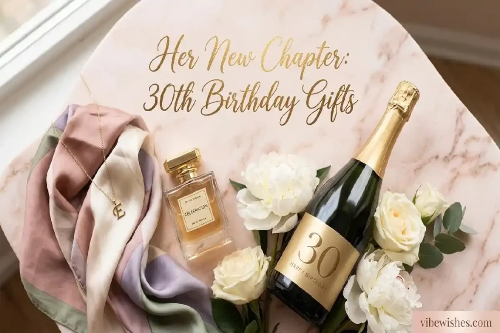 "Elegant 30th birthday gifts for her including gold necklace, perfume and flowers on marble surface representing meaningful presents for women turning 30"