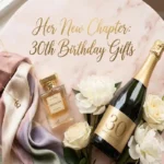 "Elegant 30th birthday gifts for her including gold necklace, perfume and flowers on marble surface representing meaningful presents for women turning 30"