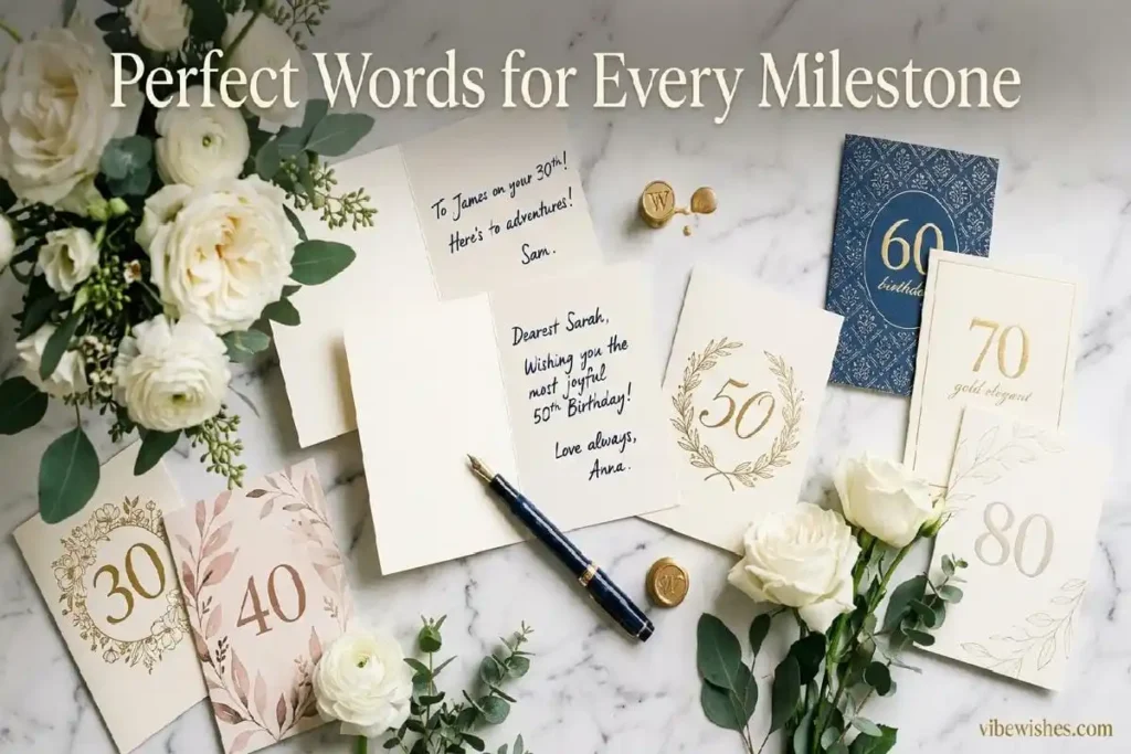 "Elegant milestone birthday cards with handwritten messages and fountain pen showing what to write for ages 30, 40, 50, 60, 70, 80"