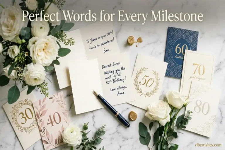 "Elegant milestone birthday cards with handwritten messages and fountain pen showing what to write for ages 30, 40, 50, 60, 70, 80"