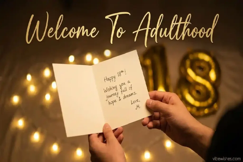 Heartfelt 18th birthday wishes written in a card — find the perfect words for this milestone birthday at vibewishes.com