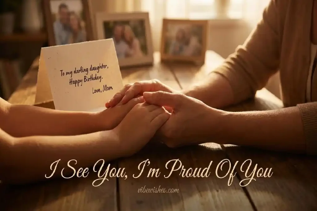 Mother and daughter holding hands with handwritten birthday card showing emotional 18th birthday wishes