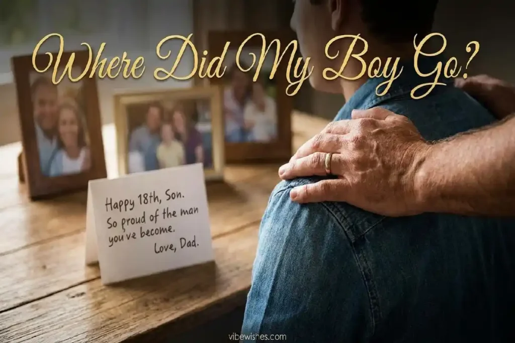 "Father's hand on son's shoulder with handwritten birthday card showing emotional 18th birthday wishes for son"