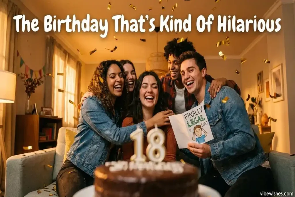 "Friends laughing with 18 year old at birthday party showing funny 18th birthday wishes that land"