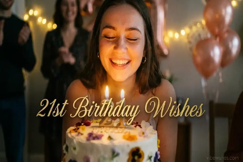 Young adult celebrating 21st birthday with emotional candlelight moment