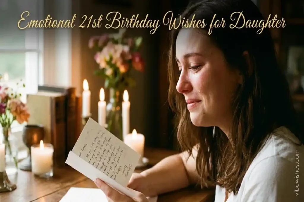 Daughter reading emotional 21st birthday wishes with tears of joy