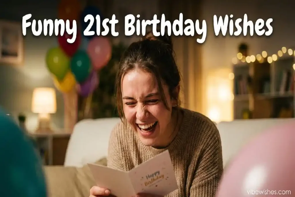 Young adult laughing hysterically reading funny 21st birthday wishes