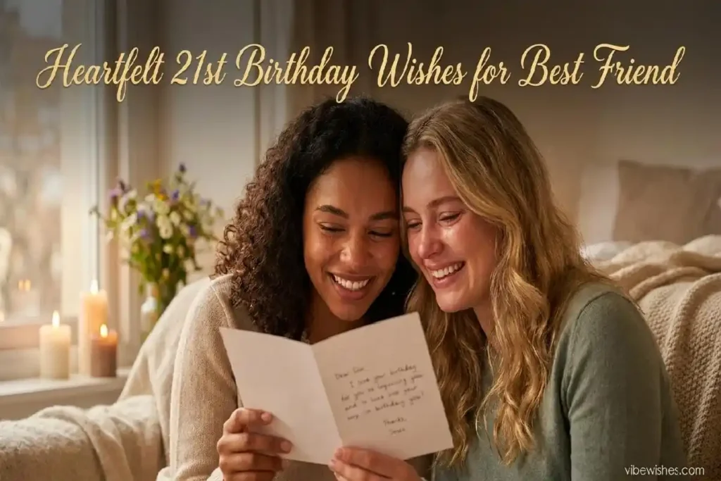 Best friends reading heartfelt 21st birthday wishes with emotional joy