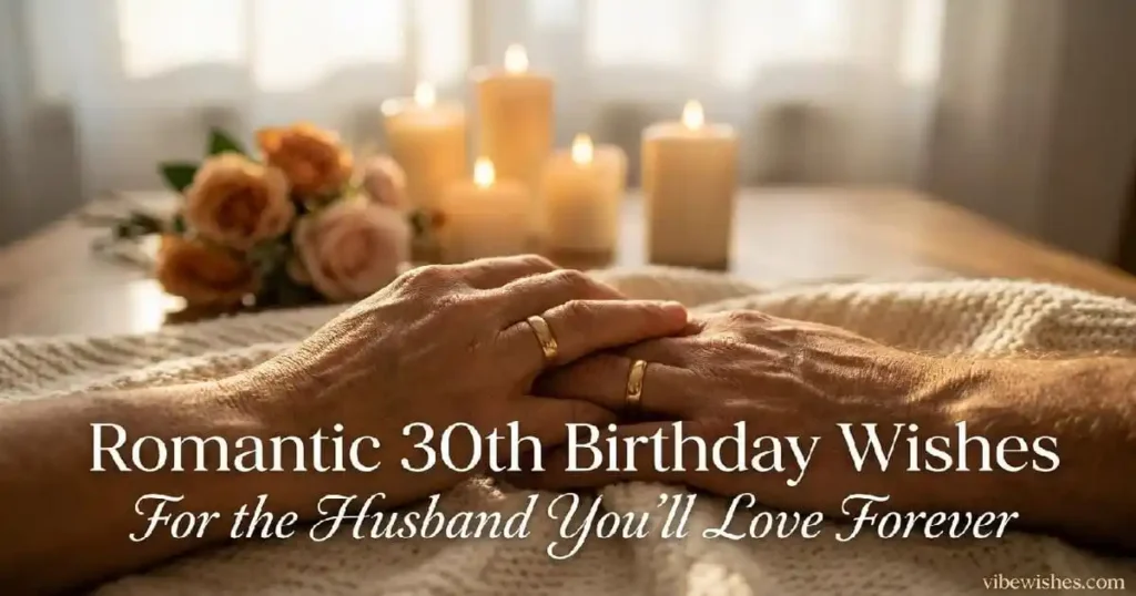 "Married couple holding hands with wedding rings - romantic 30th birthday wishes for husband from wife"
