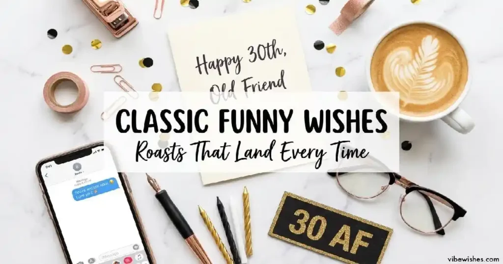 "Funny 30th birthday card flat lay with coffee and confetti - hilarious birthday wishes for best friend turning 30"