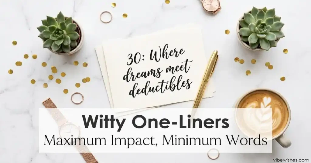"Witty 30th birthday quote card on marble with gold pen and coffee - funny one-liner birthday wishes for turning 30"