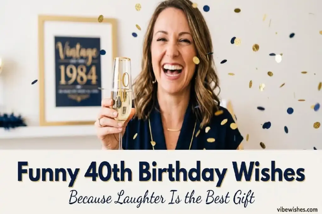 "Person laughing at 40th birthday party with funny props and champagne - humorous birthday wishes for turning forty"
