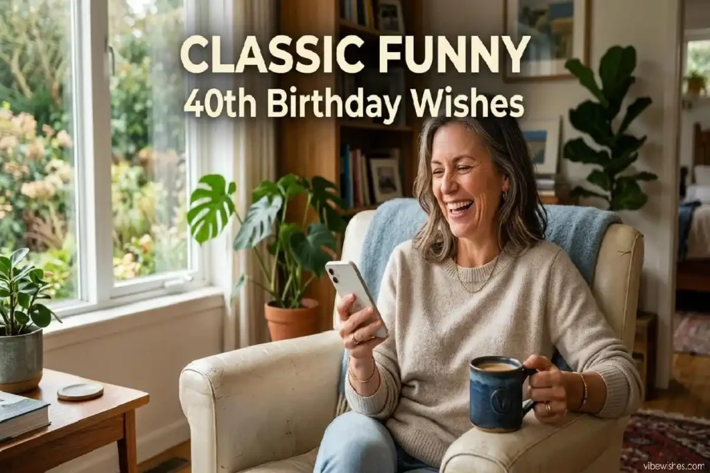 "Person laughing at phone reading funny birthday message - classic funny 40th birthday wishes"