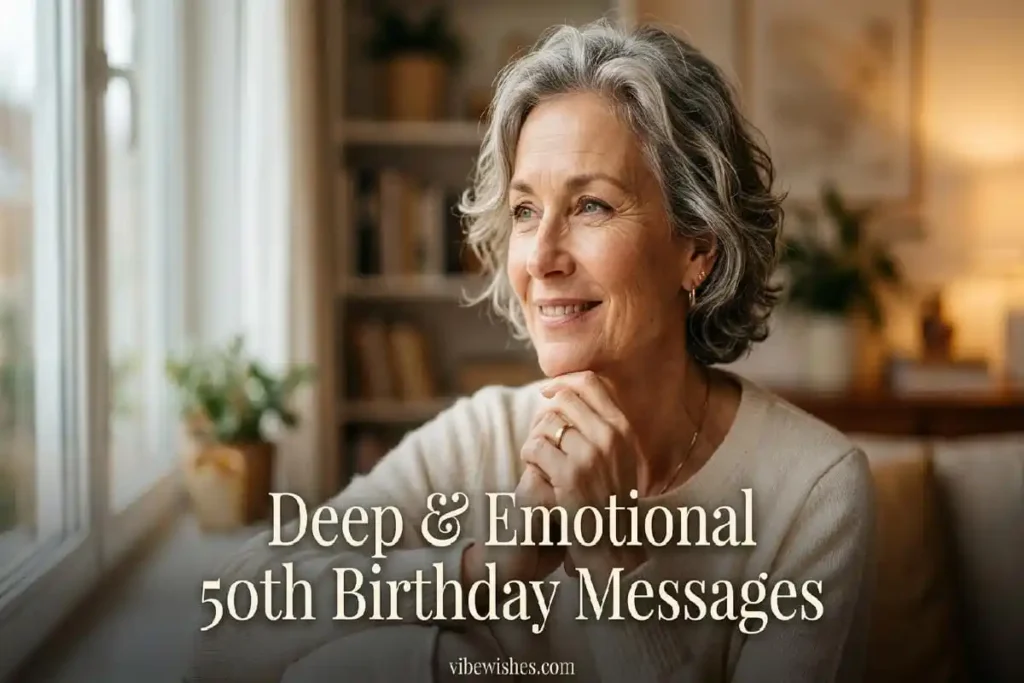 "Elegant person at 50 with warm wise expression - deep emotional 50th birthday wishes milestone messages"
