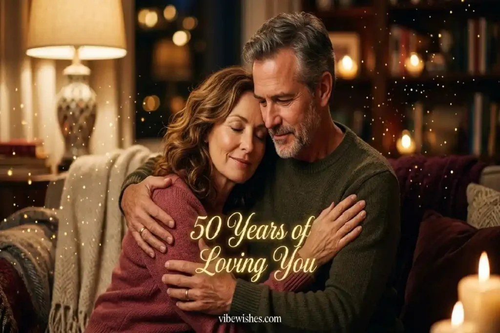 romantic 50th birthday wishes for wife — couple embracing in golden light on her milestone birthday