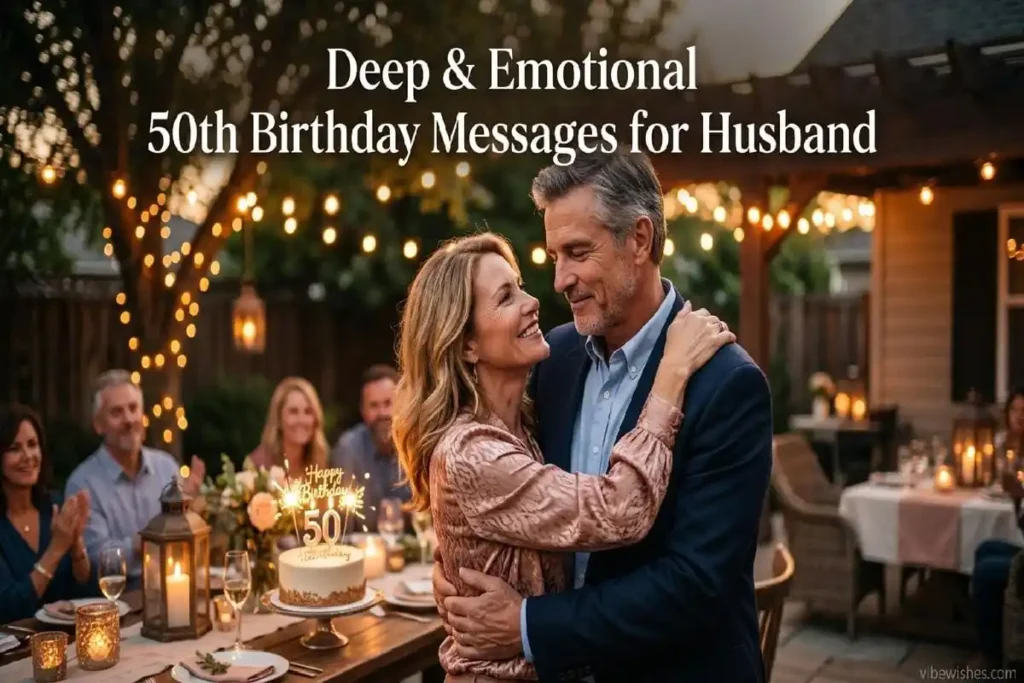 deep emotional 50th birthday wishes for mom — mother standing in golden light looking peaceful and celebrated at fifty