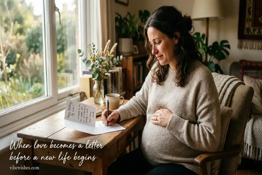 birthday wishes for husband from pregnant wife writing emotional card at home vibewishes.com