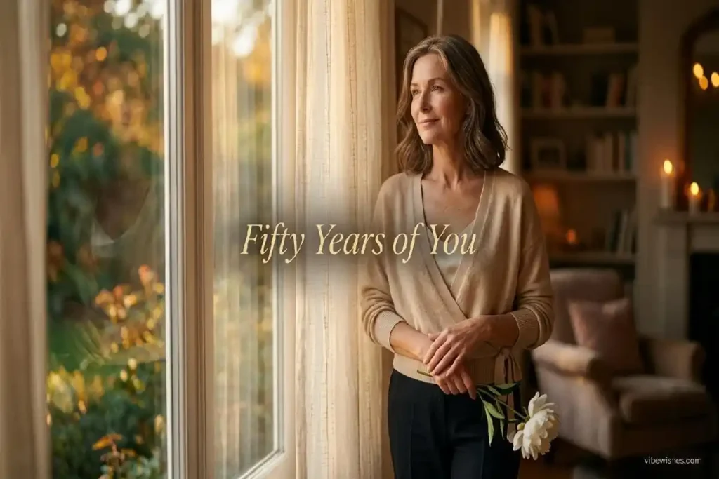 deep emotional 50th birthday wishes for mom — mother standing in golden light looking peaceful and celebrated at fifty
