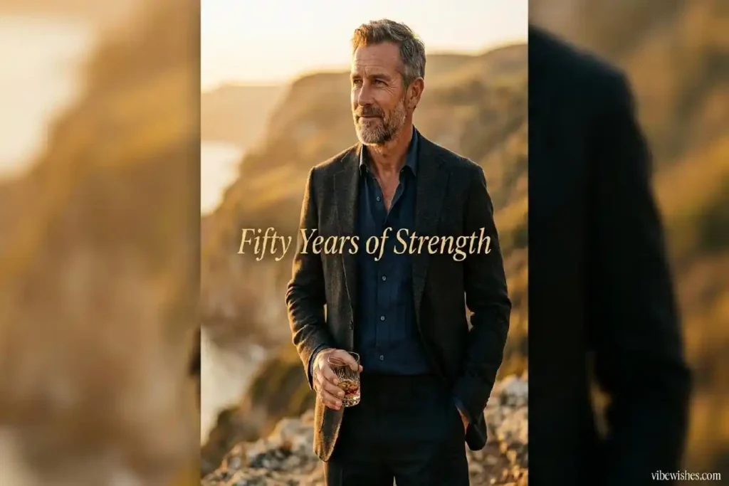 powerful emotional 50th birthday wishes for dad — father standing alone in golden light looking strong and celebrated at fifty