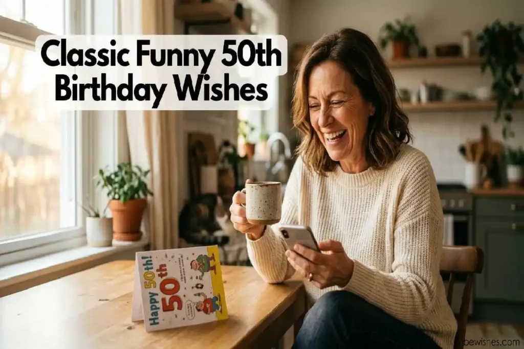 "Person in 50s laughing at funny birthday message with coffee - classic funny 50th birthday wishes"
