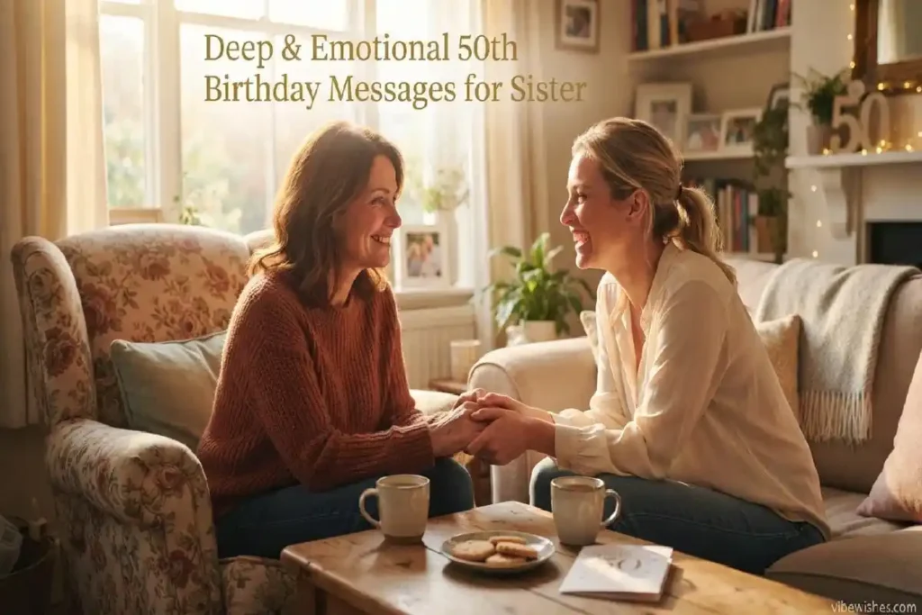 "Adult sisters in deep emotional conversation at golden milestone birthday - deep emotional 50th birthday wishes for sister"
