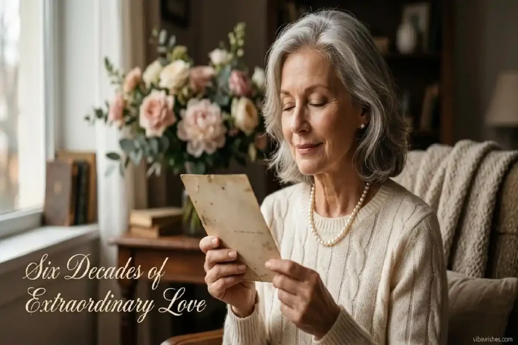"Elegant mother in her 60s holding cherished family photograph representing decades of maternal love and precious memories"