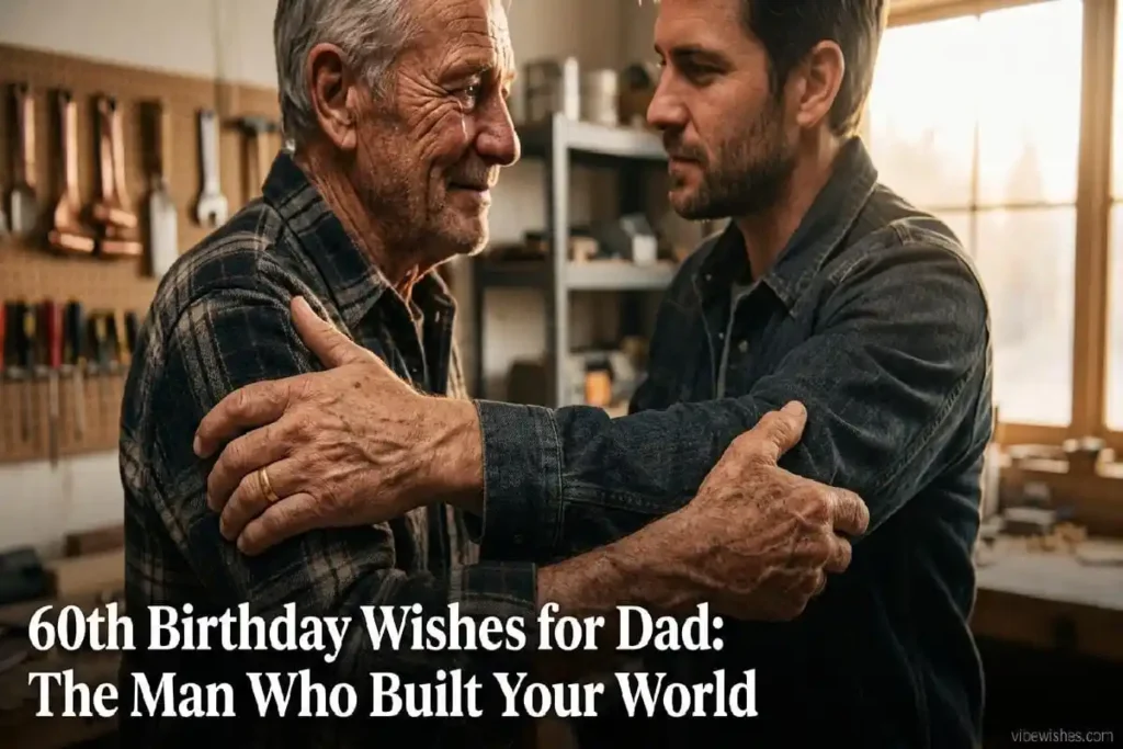 "Dignified father in his 60s standing in workshop representing decades of building, strength, and masculine legacy"