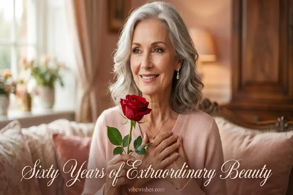 "Elegant wife in her 60s with silver hair and rose representing timeless beauty and romantic celebration of 60th birthday"