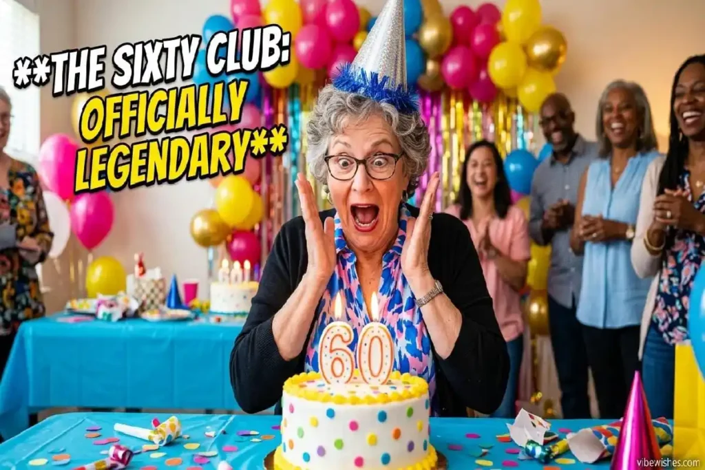 "Person in their 60s with hilarious surprised expression at birthday cake celebrating funny side of turning sixty"