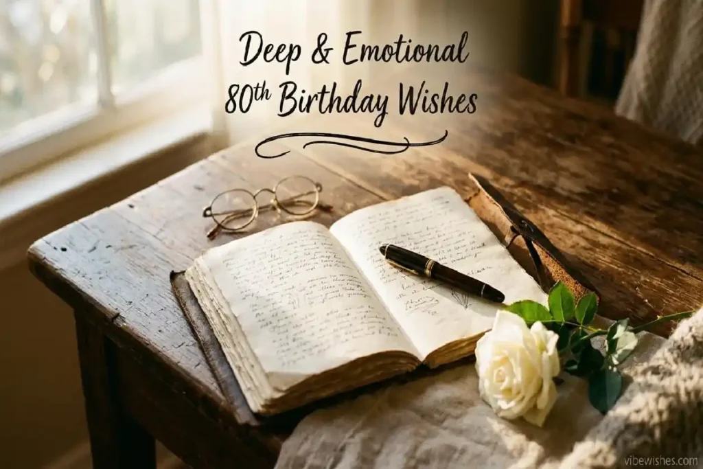 "Vintage journal with fountain pen and white rose representing deep emotional 80th birthday wishes and messages"
