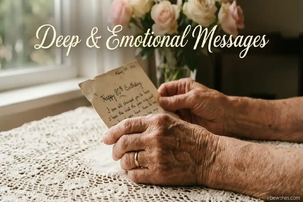 "Elderly mother's hands holding heartfelt 80th birthday card with deep emotional message for mom turning 80"