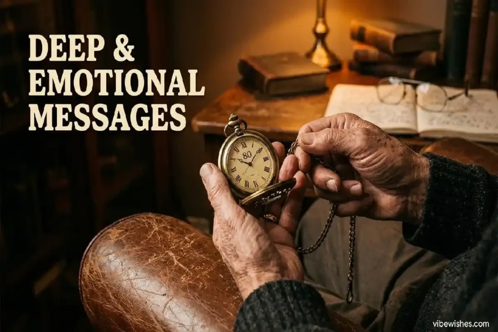 "Elderly father's weathered hands holding vintage pocket watch at 80th birthday, representing deep emotional messages for dad turning 80"