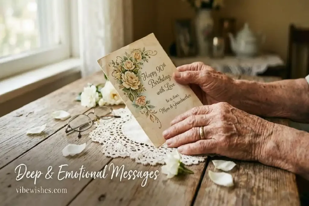 "Elderly hands holding beautiful 90th birthday card with deep emotional message for loved one turning 90"
