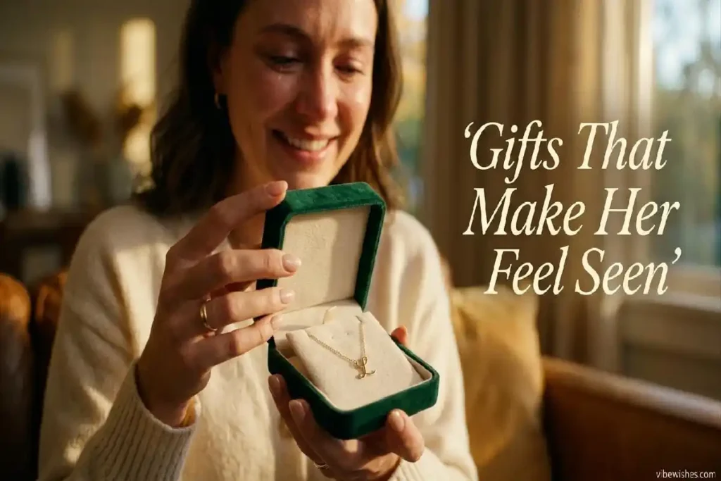 Woman receiving personalized gold necklace as thoughtful 40th birthday gift showing emotional moment
