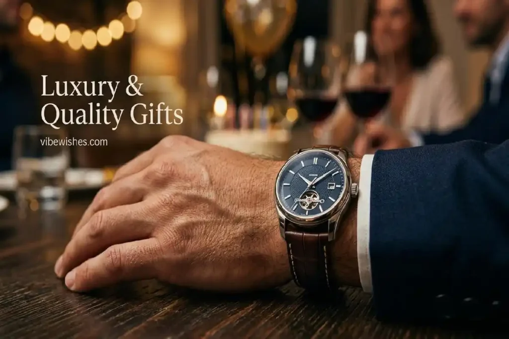 "Luxury men's watch on wrist representing premium 50th birthday gift ideas for husband turning 50 with quality and craftsmanship"
