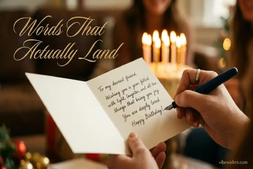 "Hands writing heartfelt message in milestone birthday card showing how to write meaningful birthday card wording"