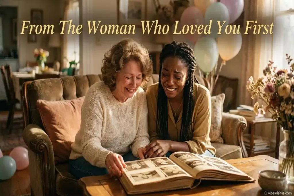 Mother and daughter looking through photo album showing 18th birthday message from mom to daughter