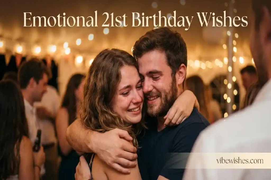 Emotional embrace at 21st birthday celebration with heartfelt wishes