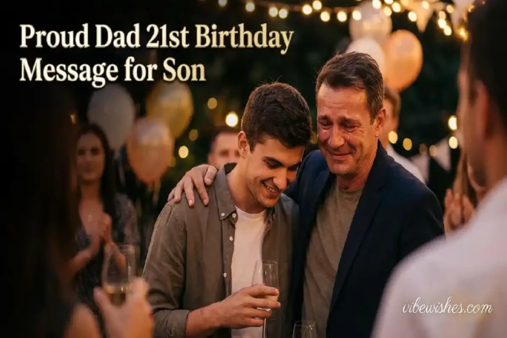 Father placing hand on son's shoulder at 21st birthday with proud emotion