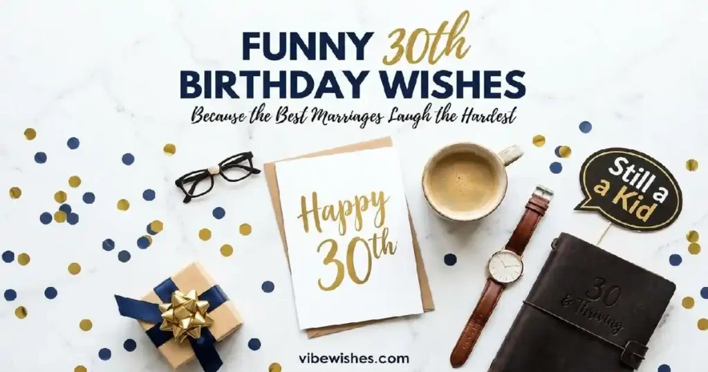 "Playful 30th birthday flat lay with card, coffee, and masculine accessories - funny birthday wishes for husband turning 30"
