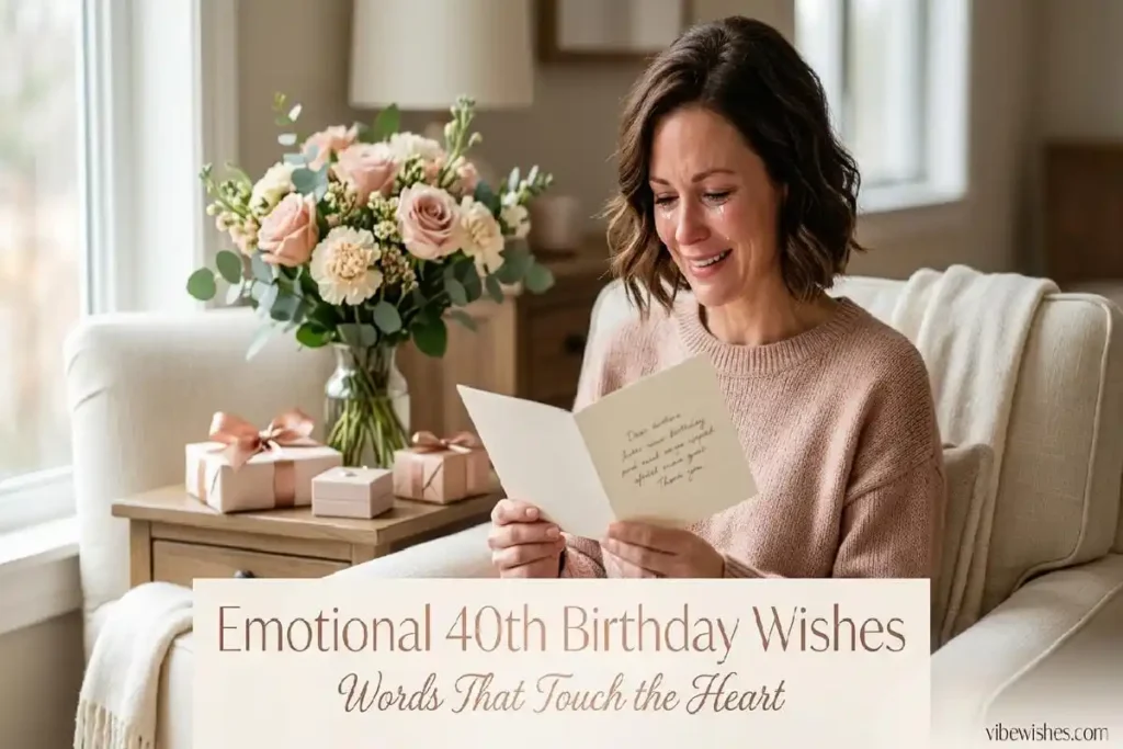 "Person with tears of joy reading emotional 40th birthday card - heartfelt touching birthday wishes for milestone celebration"
