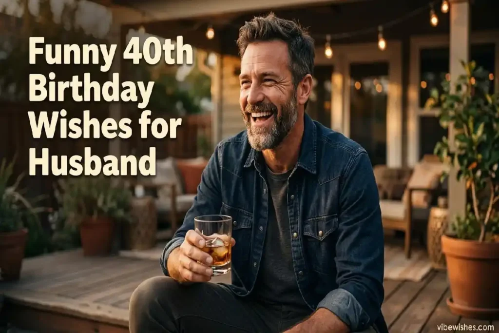 "Man in his 40s laughing celebrating birthday - funny 40th birthday wishes for husband from wife"