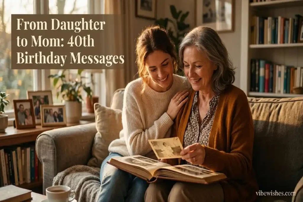 "Mother and daughter looking at photos together - 40th birthday message from daughter to mom"