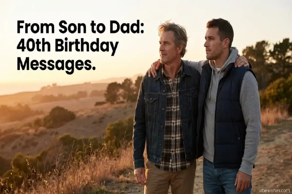 "Father and son standing together looking forward - 40th birthday message from son to dad"
