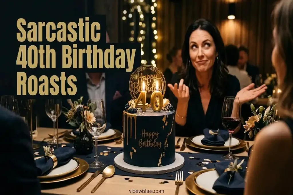 "Birthday cake with 40 candles and playful eye roll - sarcastic 40th birthday jokes and roasts"
