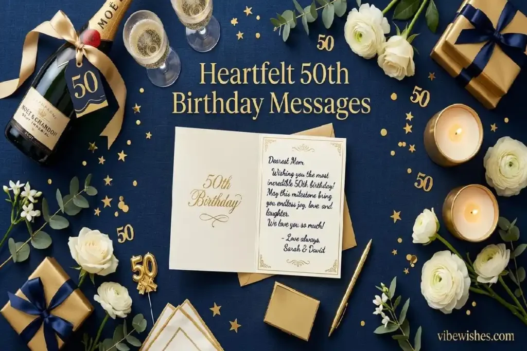 "Elegant golden 50th birthday celebration flat lay with champagne and flowers - heartfelt turning 50 birthday wishes"
