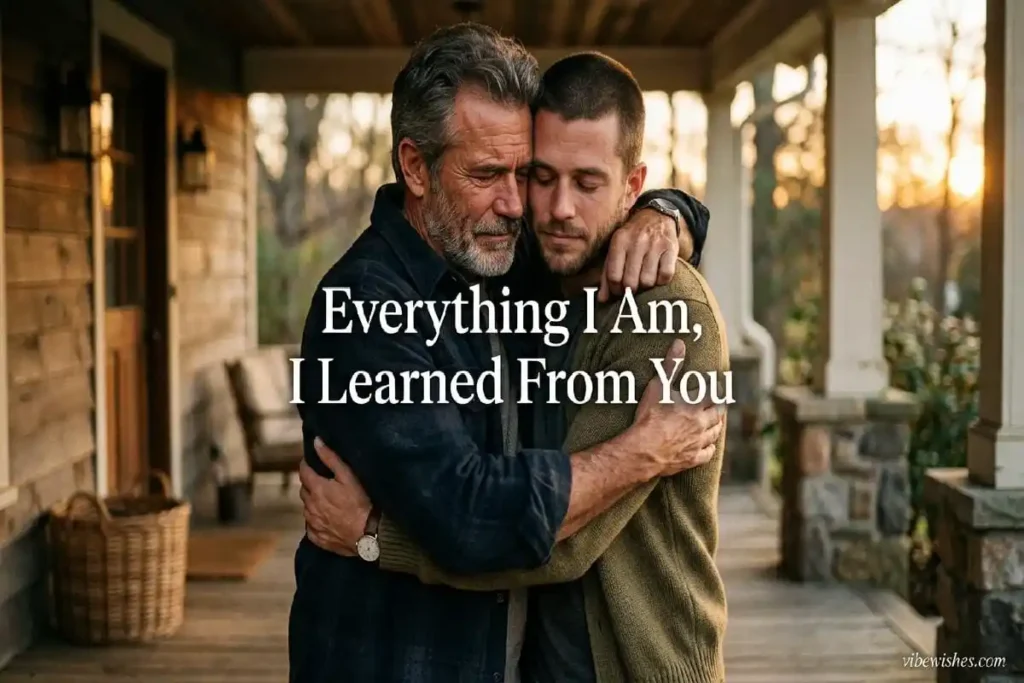 `heartfelt 50th birthday wishes for dad from son — father and adult son in strong emotional embrace on golden milestone birthday`